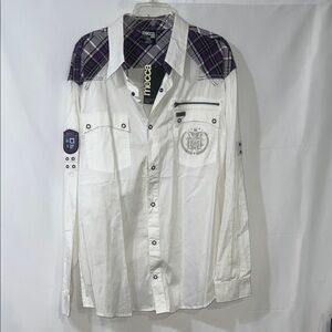 Mecca Men's White Shirt with Purple Plaid Accents